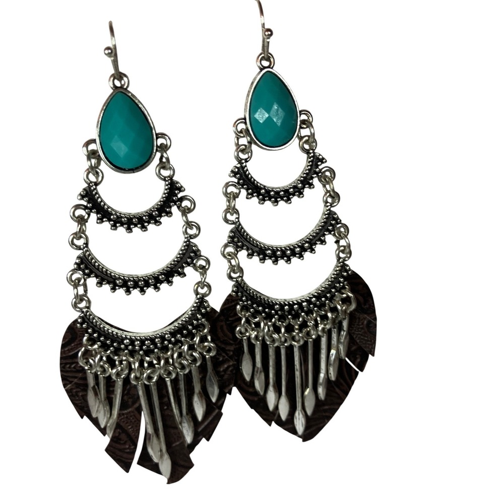 Boho Western Turquoise Silver Chandelier Earrings Faux Leather Fringe Boho